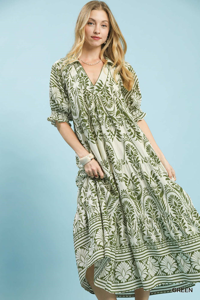 Green Two-Tone Border Print Midi Dress by Umgee