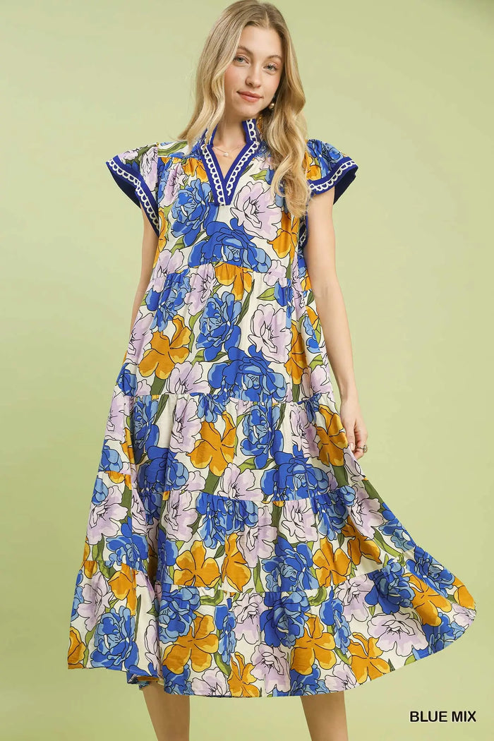 Blue Mix Bold Floral Tiered Midi Dress by Umgee