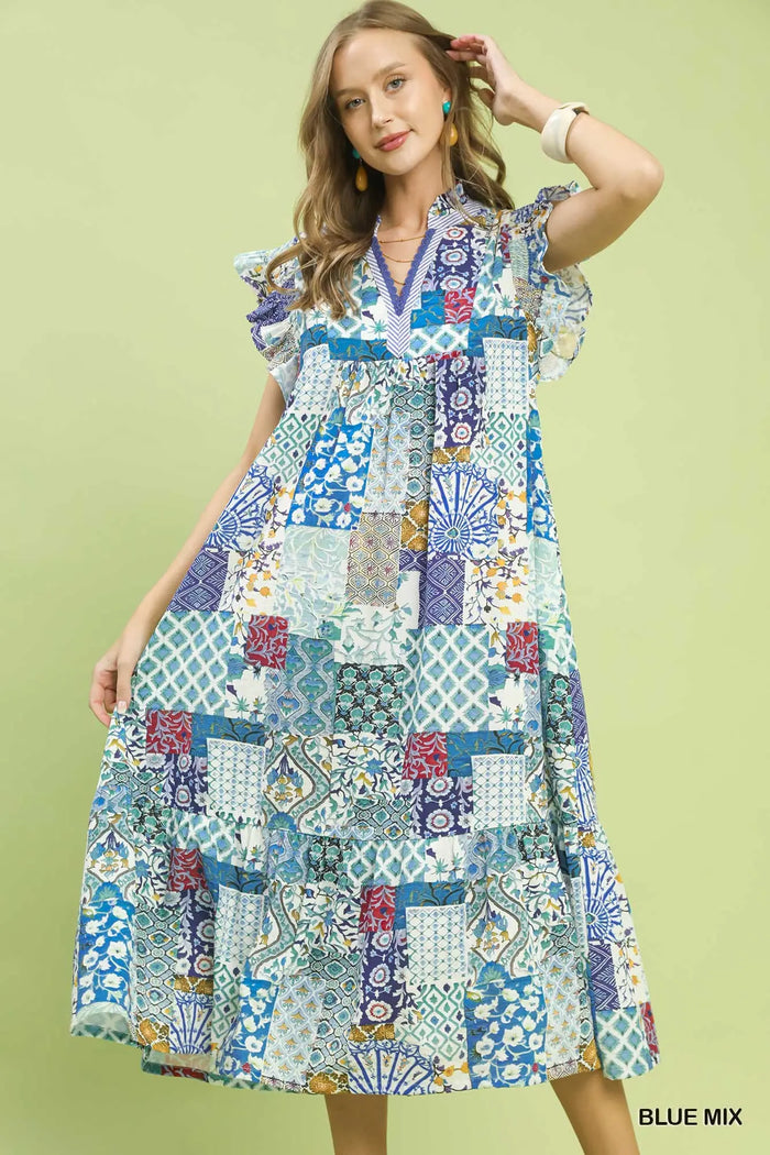 Umgee dress, patchwork midi dress, boho summer dress, tiered dress with pockets, ruffle sleeve midi, blue patchwork dress, bohemian fashion, boutique midi dress, lightweight sundress.