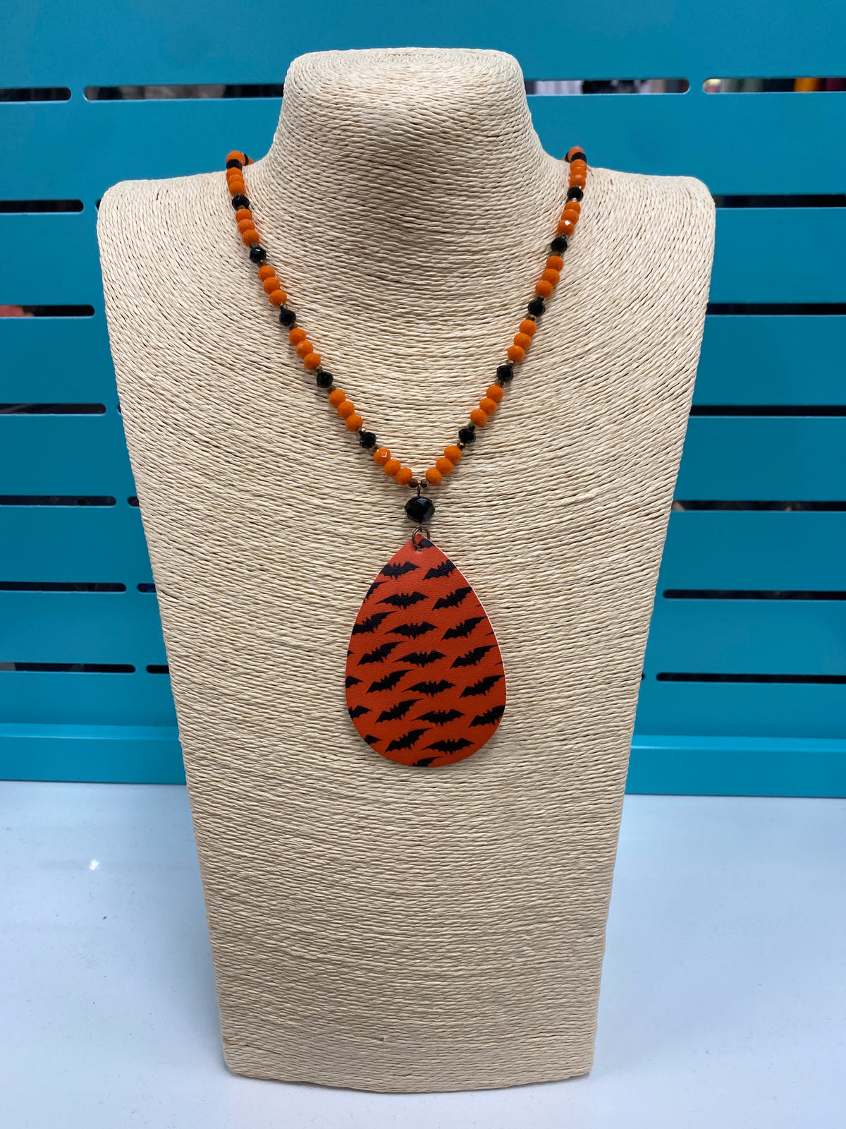 6452- Orange & Black Bat Halloween Necklace
