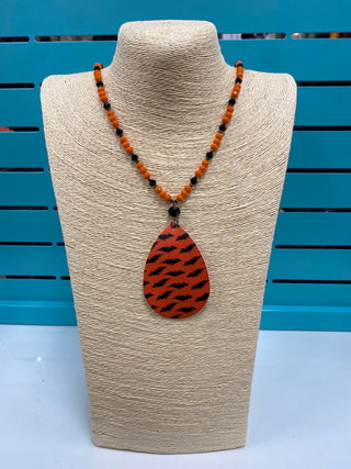 6452- Orange & Black Bat Halloween Necklace