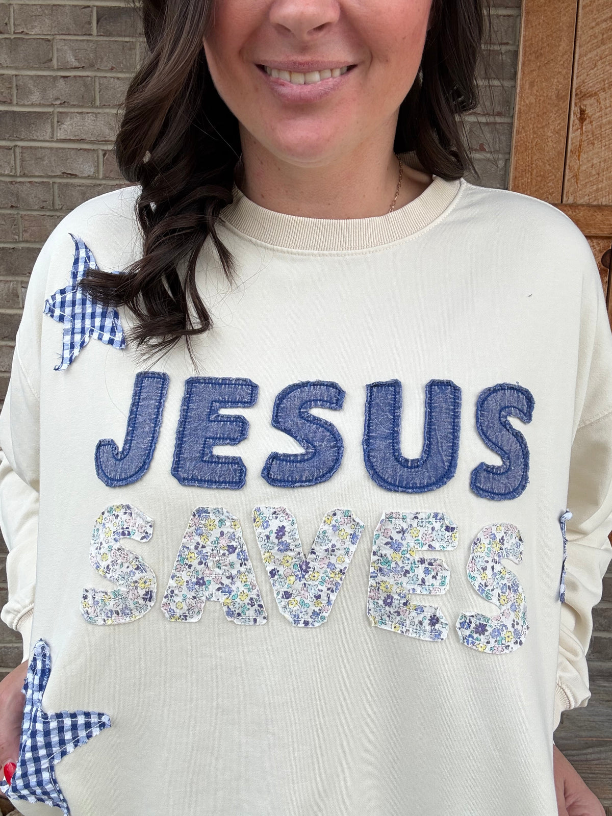 "Jesus Saves" Patchwork French Terry Sweatshirt by Mittoshop