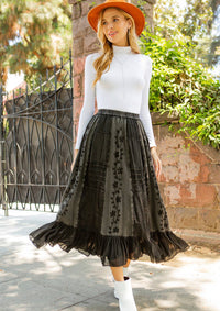 3832- Women Patchwork Embroidered Maxi Skirt With Side Pockets: CHARCOAL TRIM