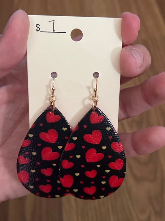 3049- Black Faux Leather w/ Red Heart Earrings