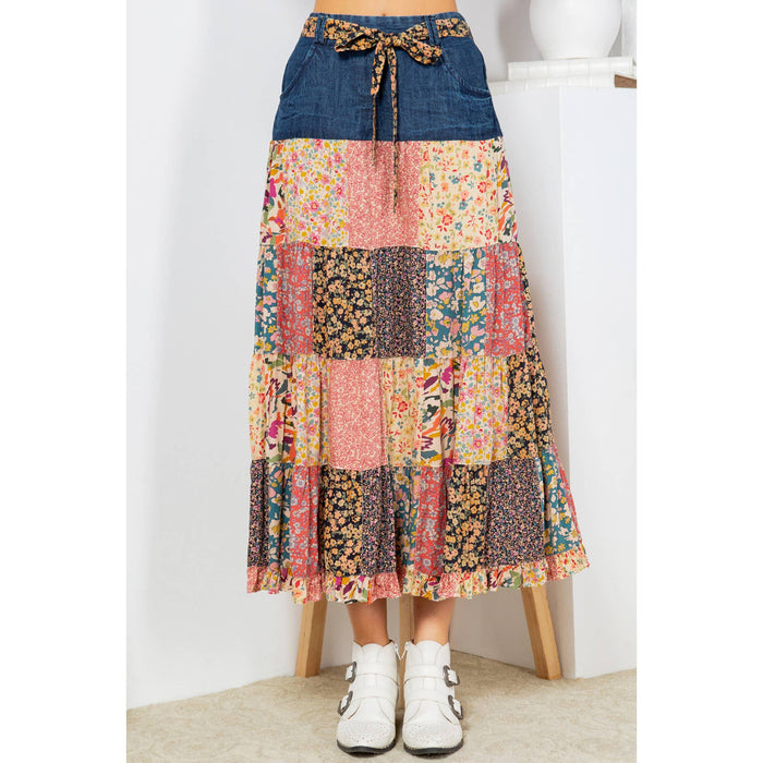 2565- Patchwork Serenade: Overdyed Long Skirt With Tiered Denim: Latte