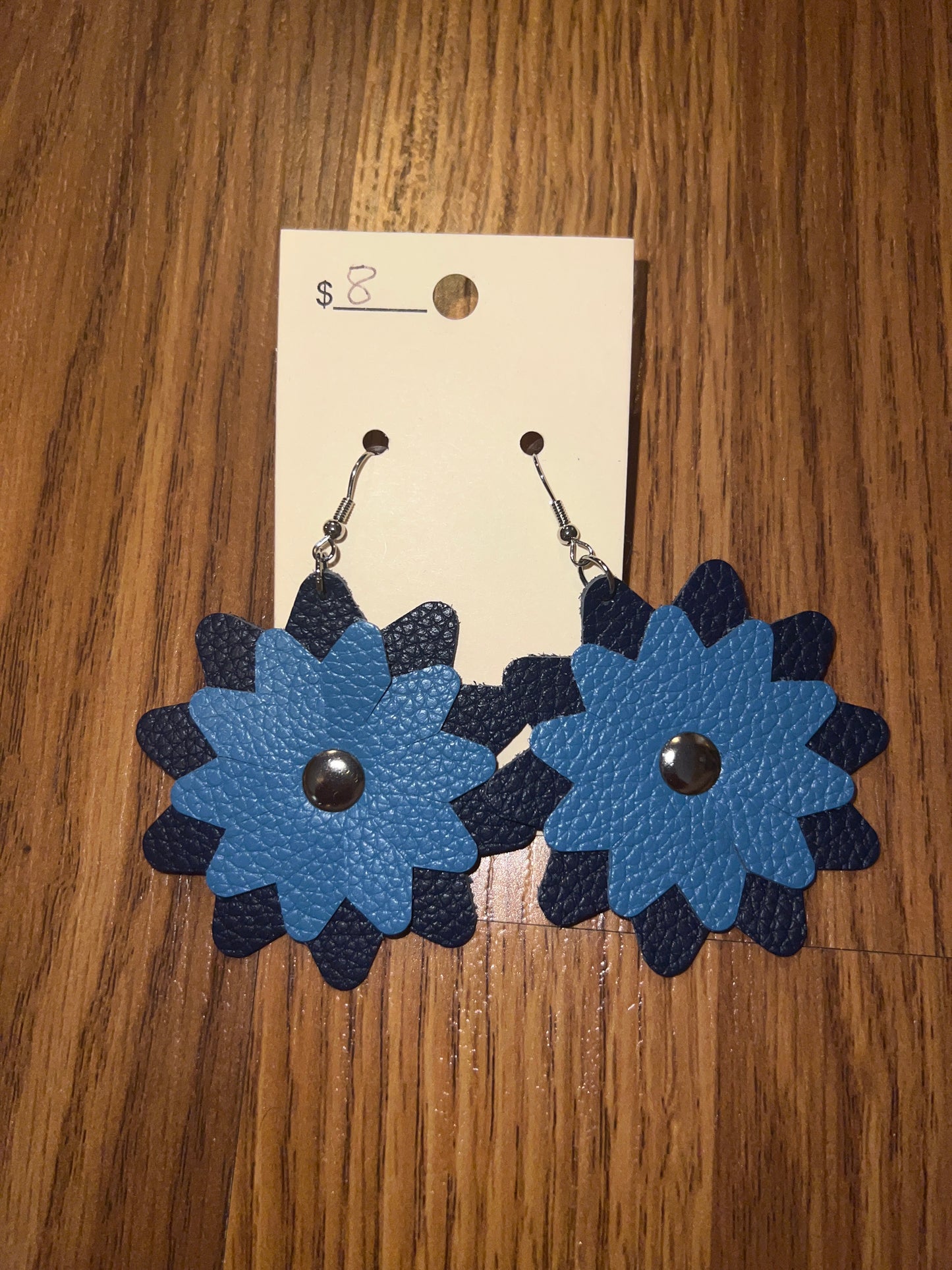 3144- Blue Floral Faux Leather Earrings