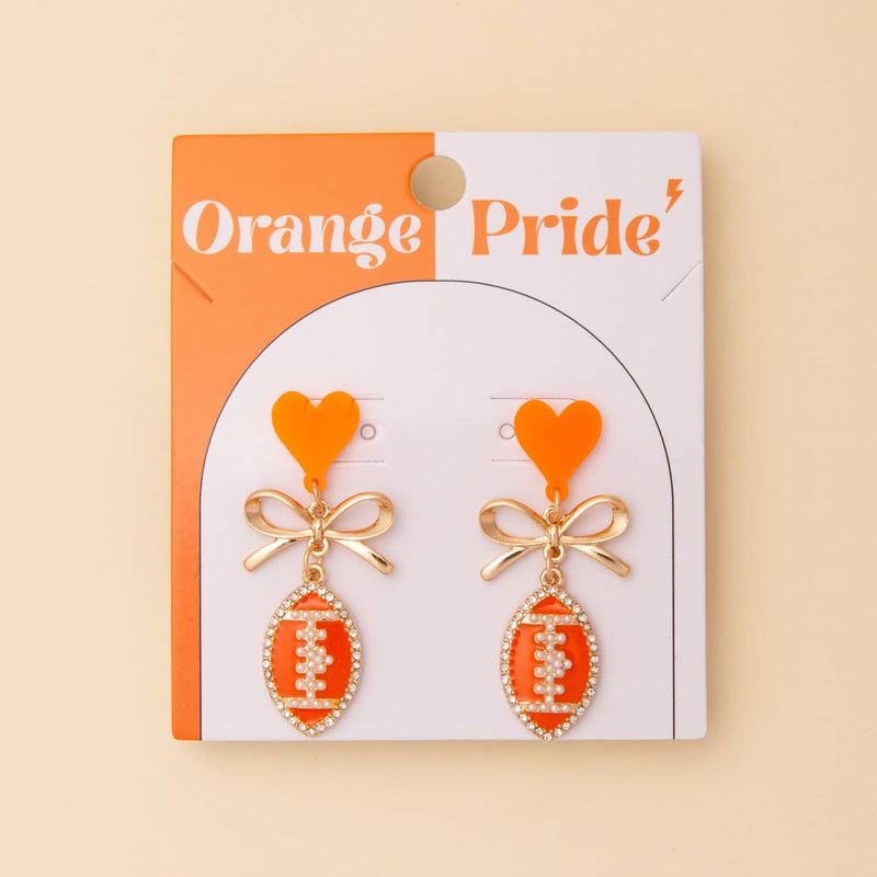 Game Day Enamel Heart Football Post Dangle Earrings: Orange White *TN COLLECTION*