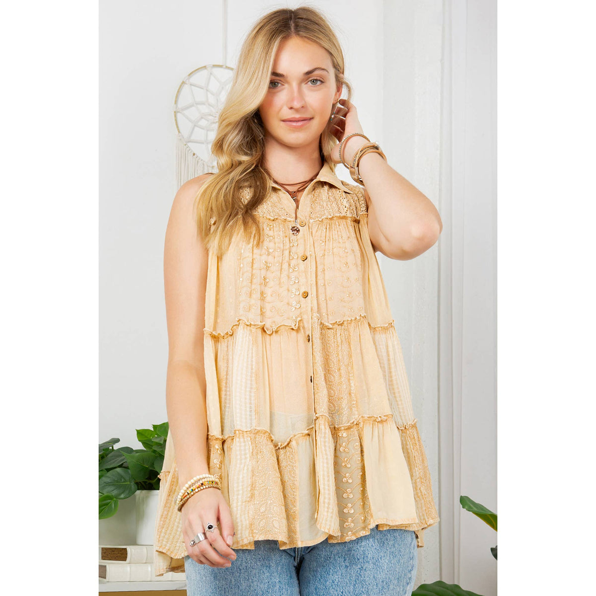 Sleevless Jhabla Top Emb Stonewashed: Latte by Young Threads