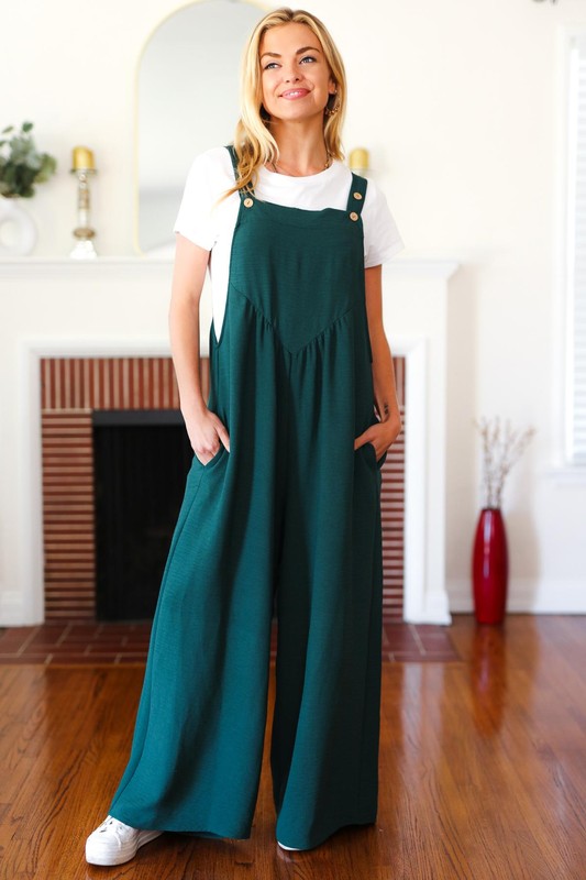 2615- Hunter Green Wide Leg Overall Jumpsuit