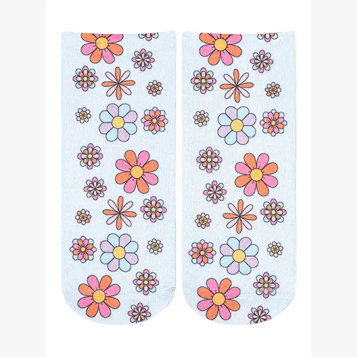 Novelty Graphic Ankle Socks - Retro Flowers - Pale Blue