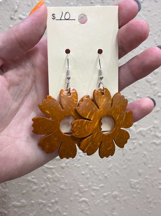 3037- Brown Wooden Flower Earrings