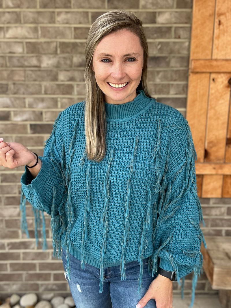 9256- Teal Fringe Sweater