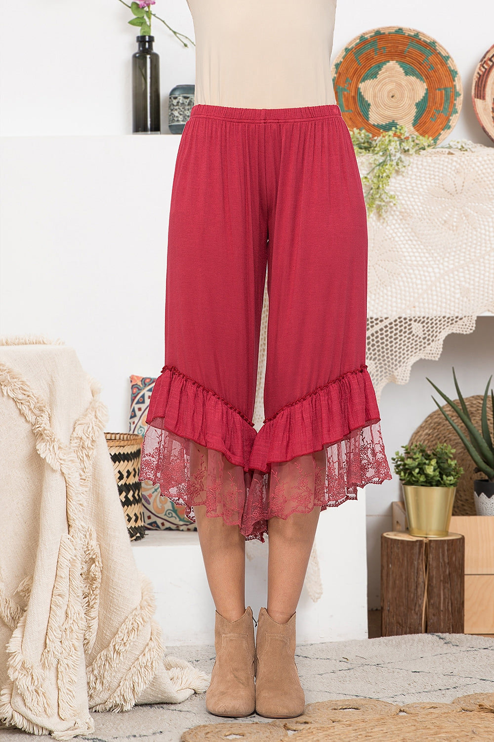 Burgundy Capro Pants w/ Lace Detail