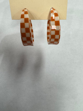 Orange White Checkered Hoop Earrings