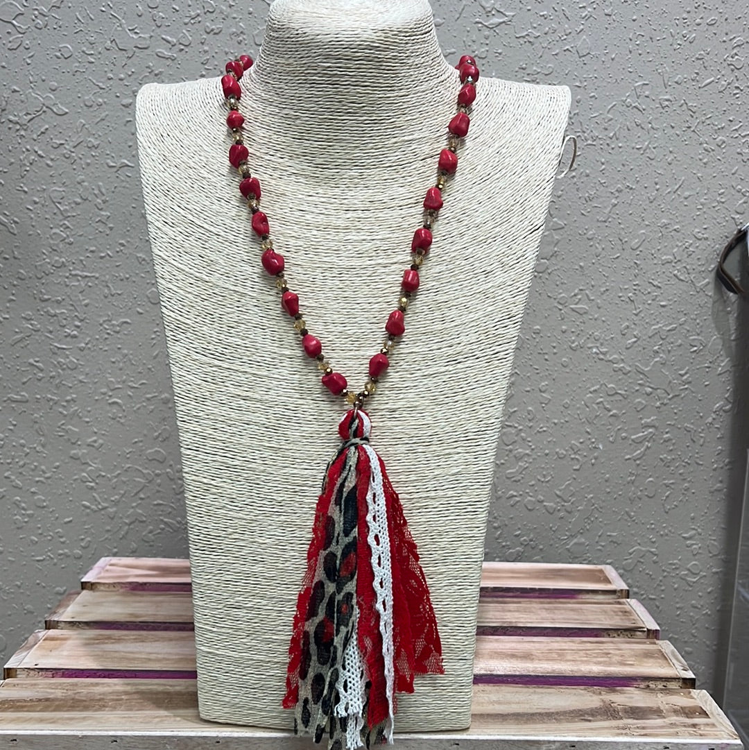 769- Red Leopard Print Tassel Necklace