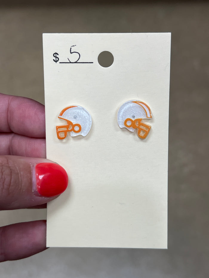 2583- Orange & White Football Helmet Stud Earrings