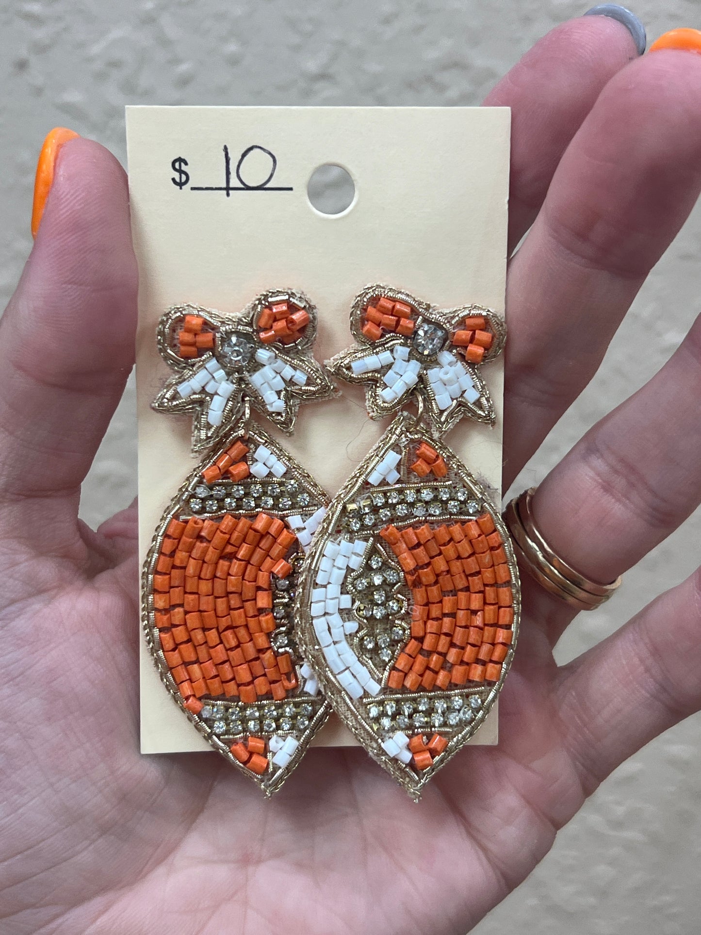 2937- Beaded Orange Football w/ Bow Earrings *TN COLLECTION*