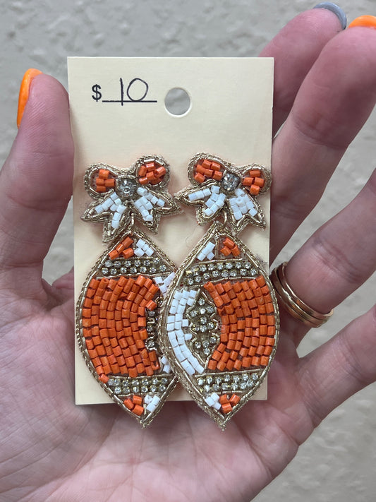 2937- Beaded Orange Football w/ Bow Earrings *TN COLLECTION*