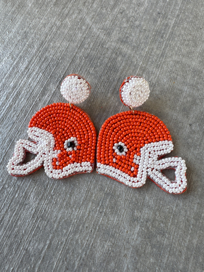 Orange White Beaded Football Helmet Stud Earrings