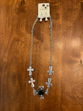Silver Black Cross Chain Necklace/ Cross Earrings