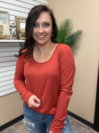 Rust Long Sleeve Ribbed Top w/ Thumb Hole