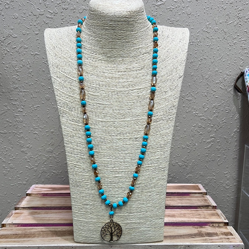 783- Turquoise Beaded Necklace w/ Tree Of Life