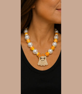 Candy Corn and Pearl Blingy Ghost Necklace | Indigo Blue | PREORDER