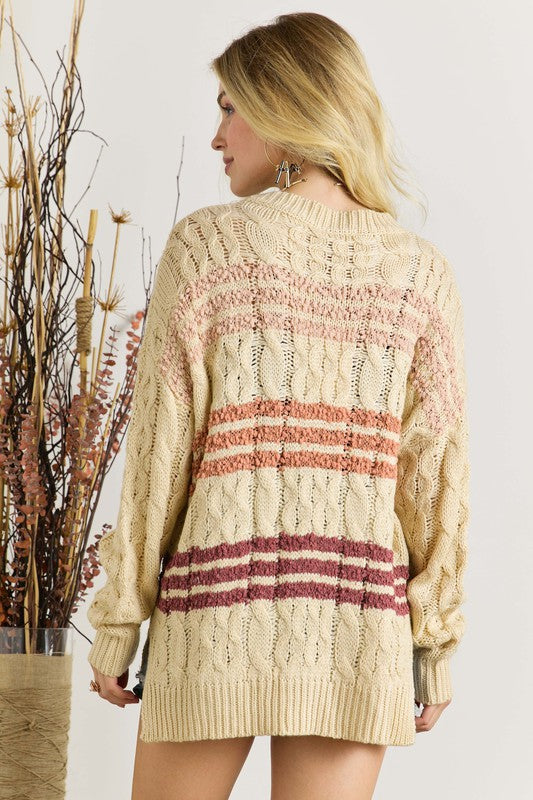 9854- Beige w/ Neutral Stripe Detail Knit Sweater