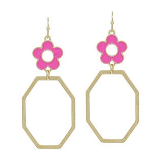 Hot Pink Enamel Flower with Open Octagon 2" Earring