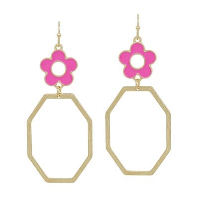 Hot Pink Enamel Flower with Open Octagon 2" Earring