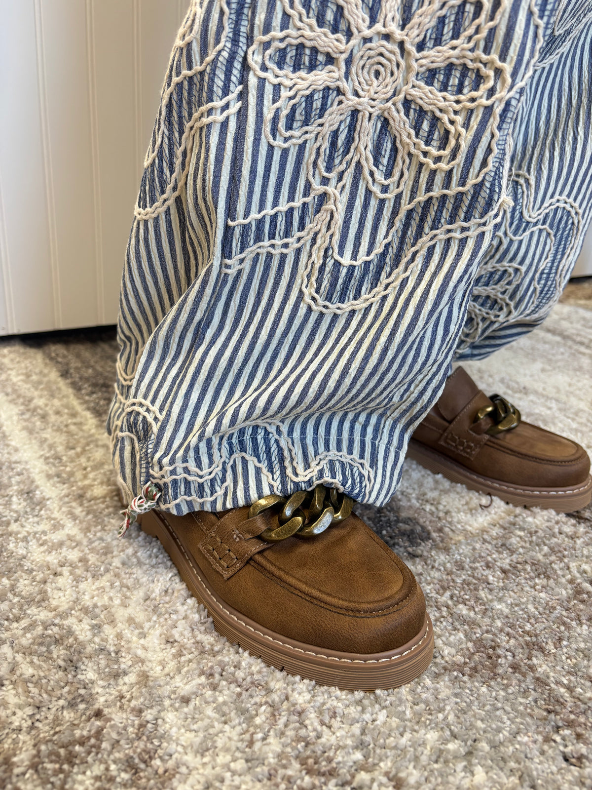 Denim Blue Embroidered Stripe Woven Pants by Easel