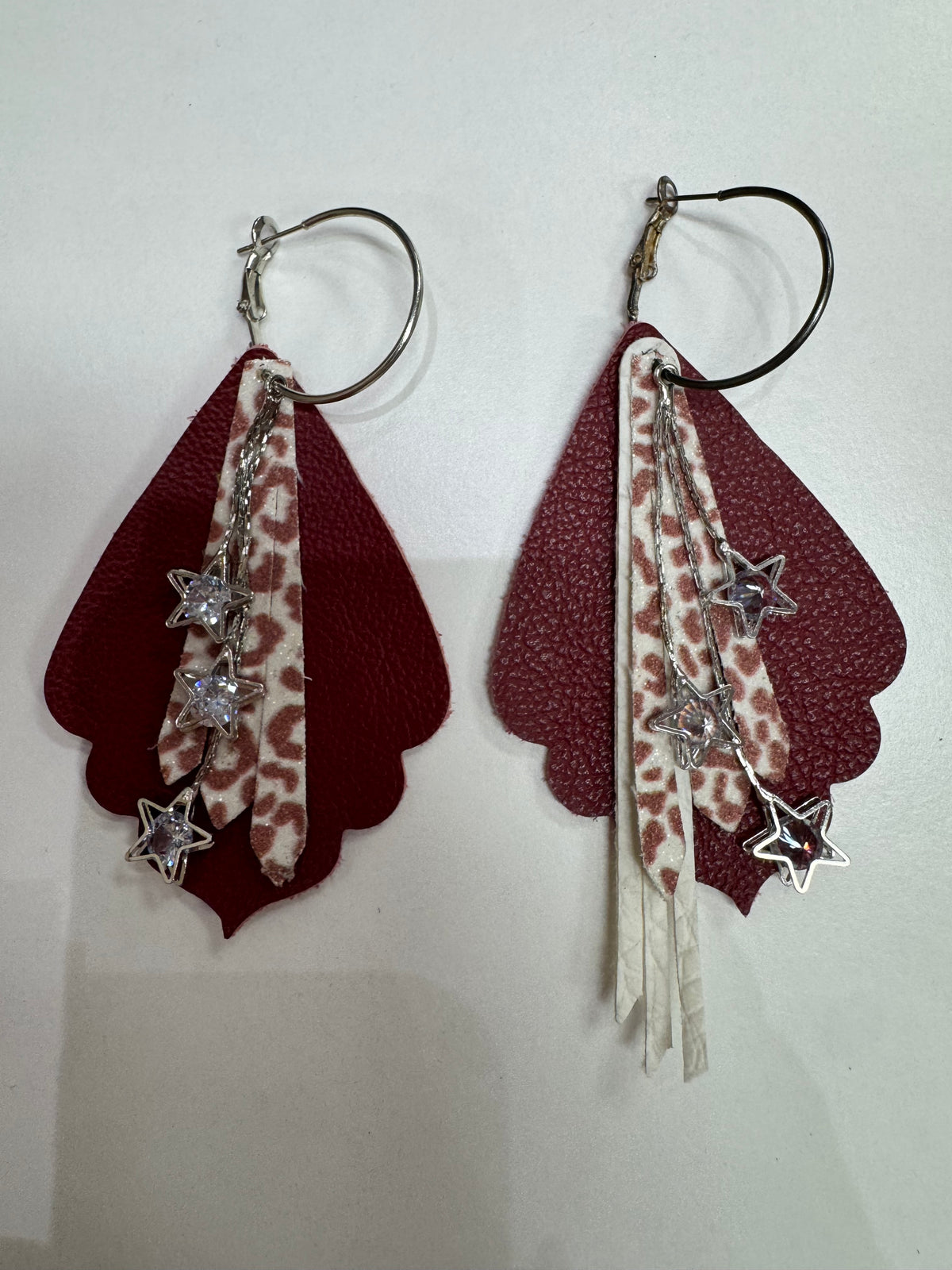 Burgundy, Leopard Print Star Blung Hoop Earrings