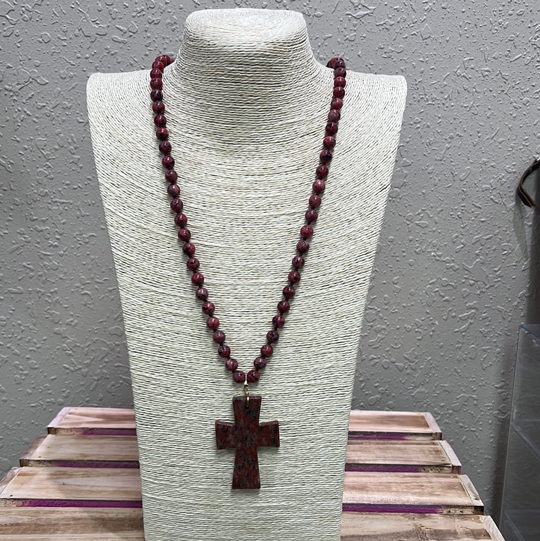 519- Dark Red Beaded Necklace w/ Cross Pendant