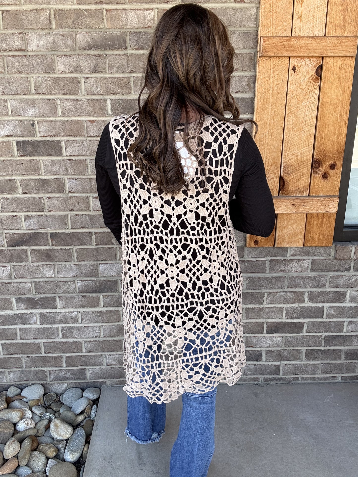 627- Mocha Long Crochet Vest