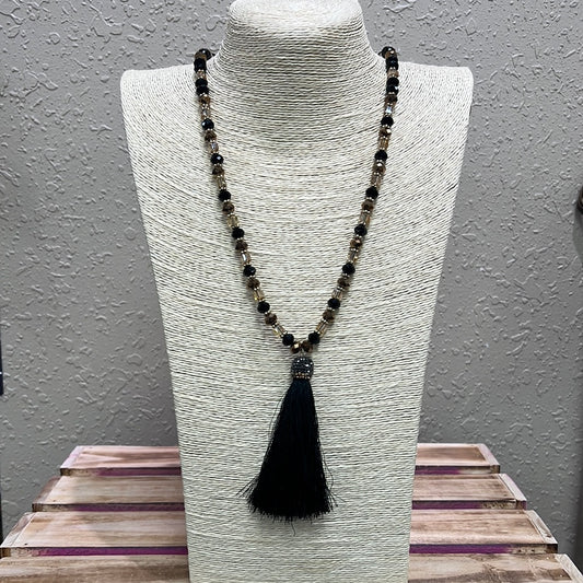 619- Black & Bronze Beaded Necklace w/ Black Tassel