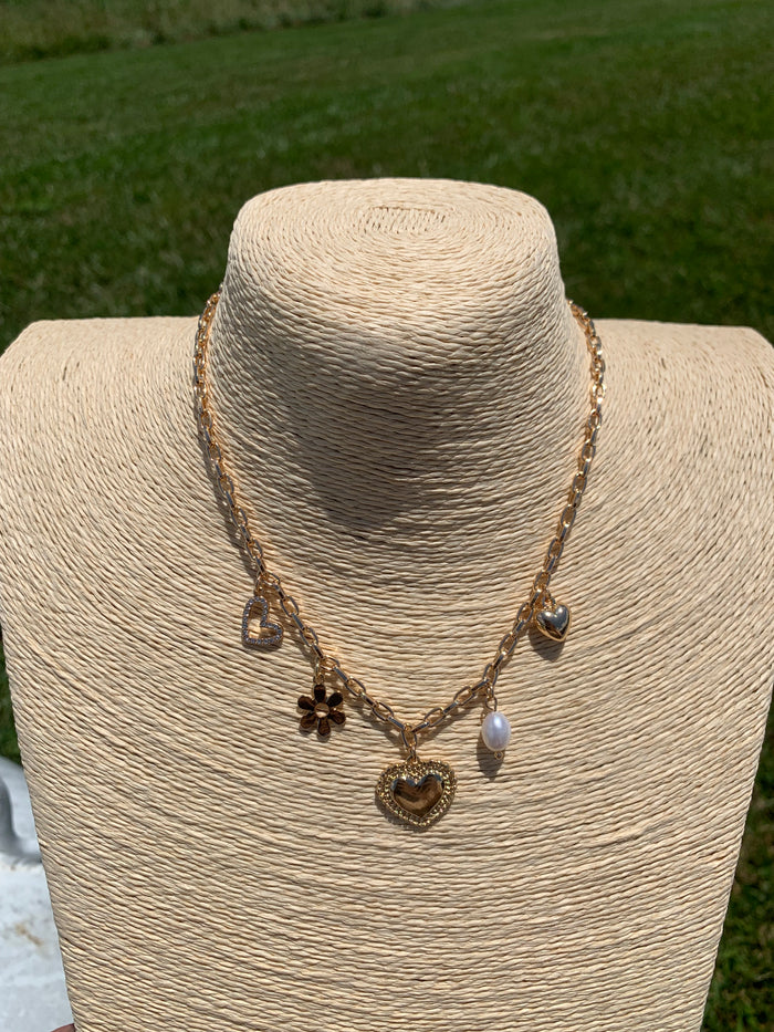 Golden Heart & Pearl Charm Necklace