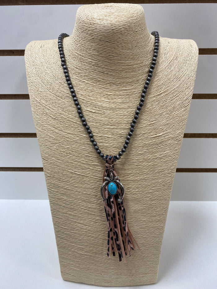 7073- Leopard Tassel Necklace w/ Turquoise Tassel