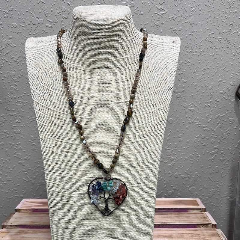 513- Brown Colorful Heart Tree of Life Necklace