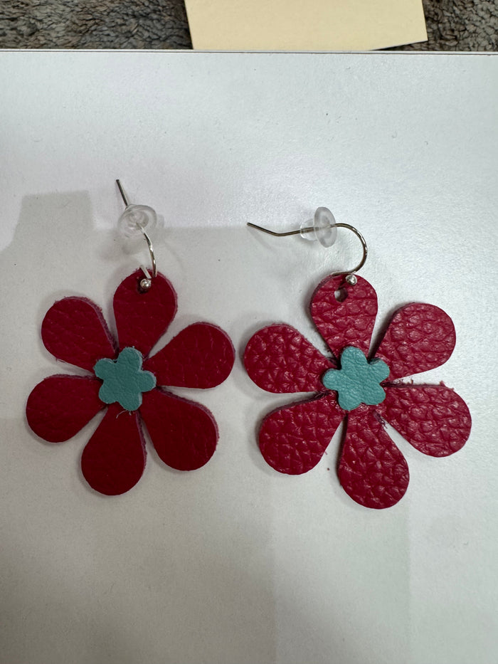 Pink, Teal Daisy Leather Earrings