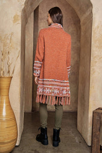 20348- Rust Fringe Hem Tribal Cardigan