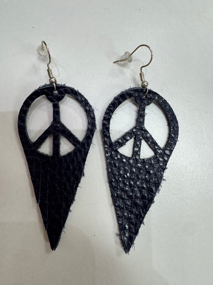 Navy Peace Sign Leather Earrings
