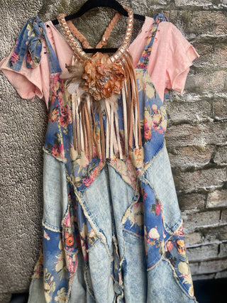 Soft Leather Fringe Flower Necklace: Denim blue