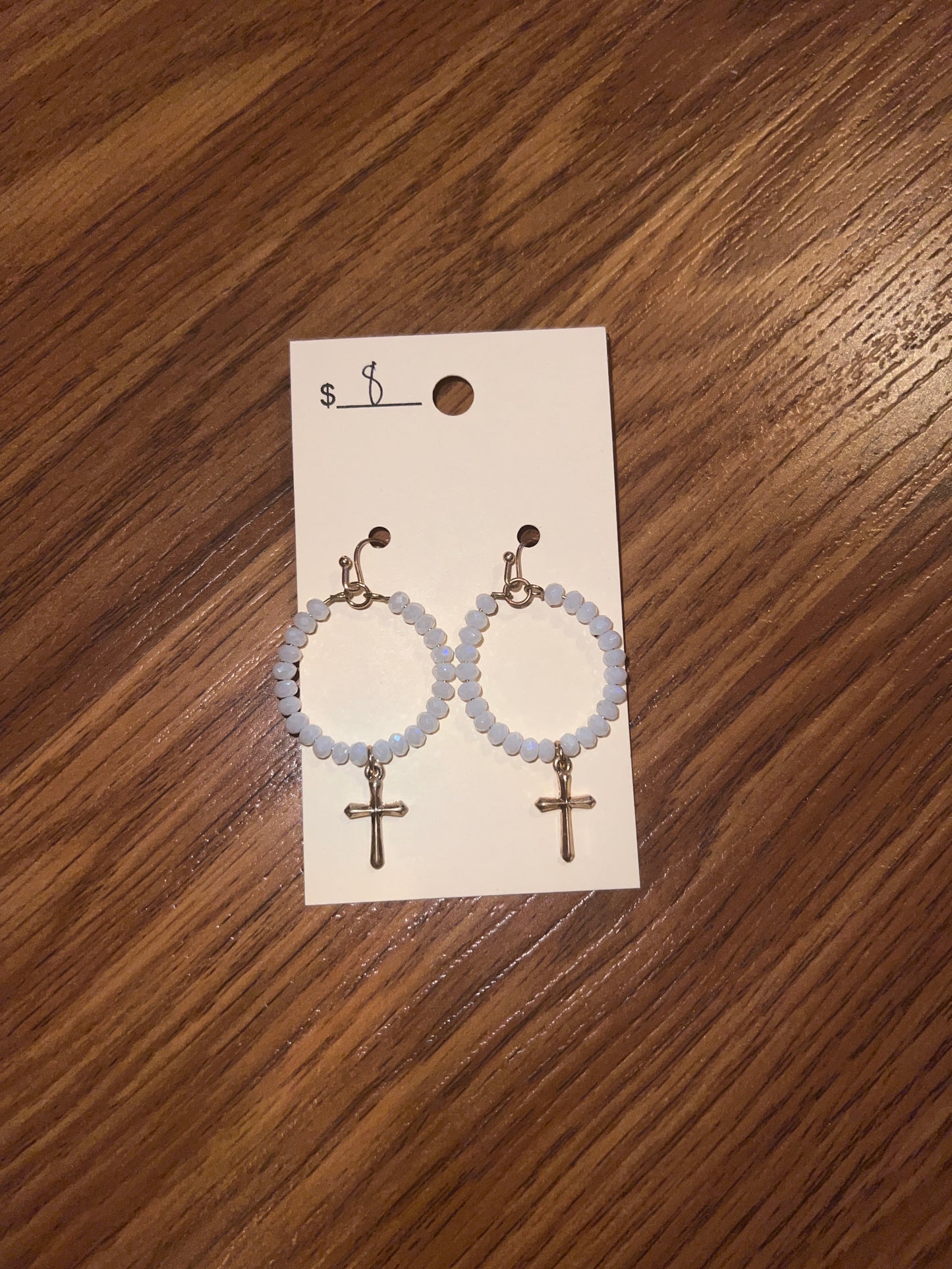 3177- White Beaded Circle Earrings w/ Cross