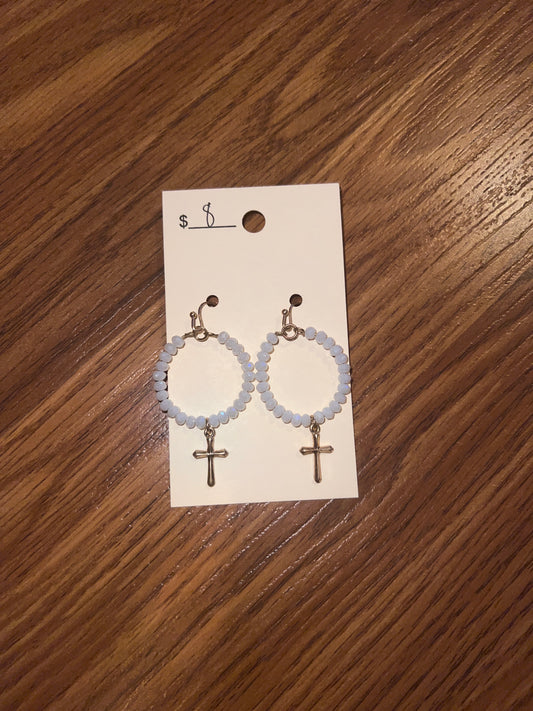 3177- White Beaded Circle Earrings w/ Cross