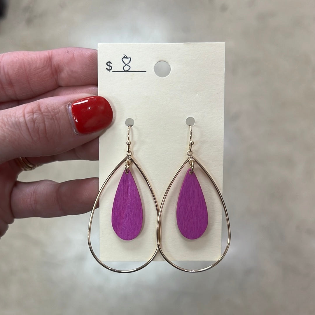 697- Gold Teardrop Earring w/ Pink Wood Dangle