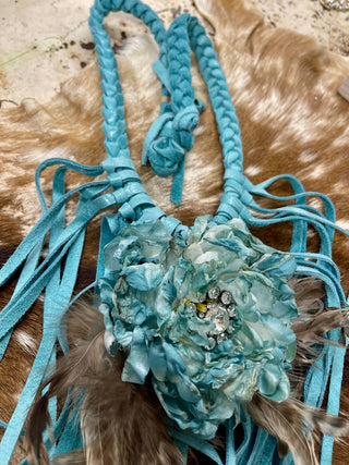 Soft Leather Fringe Flower Necklace: Denim blue