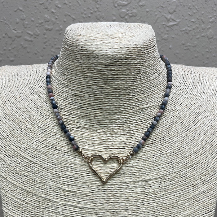 661- Gray Stone Necklace w/ Heart