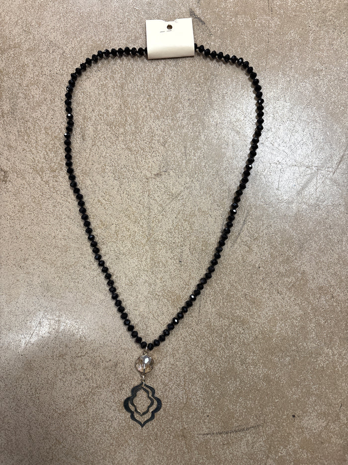 Black Beaded Necklace w/ Gold Pendant