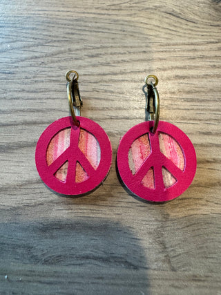 1" Pink Peace Sign Leather Earrings
