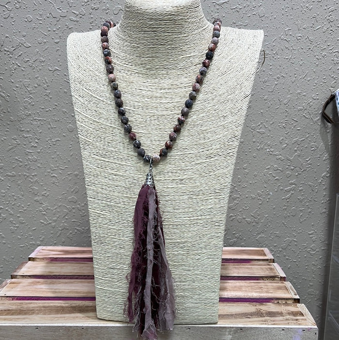 629- Mauve Stone w/ Maroon & Mauve Tassel Necklace